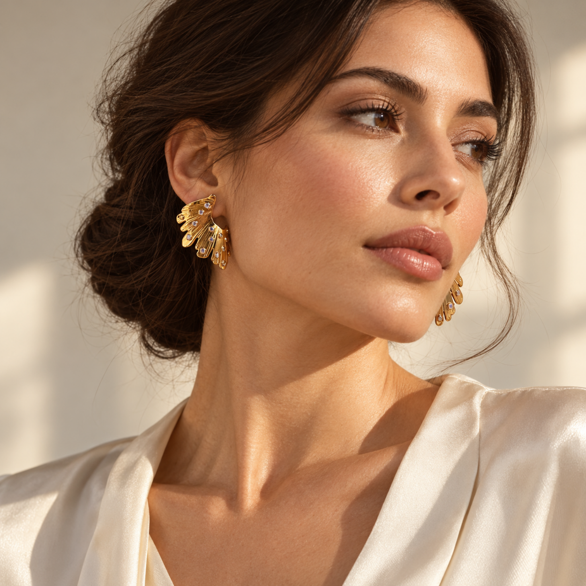 Golden Muse – Sculptural Fan Stud Earrings, 18-Carat Gold-Plated