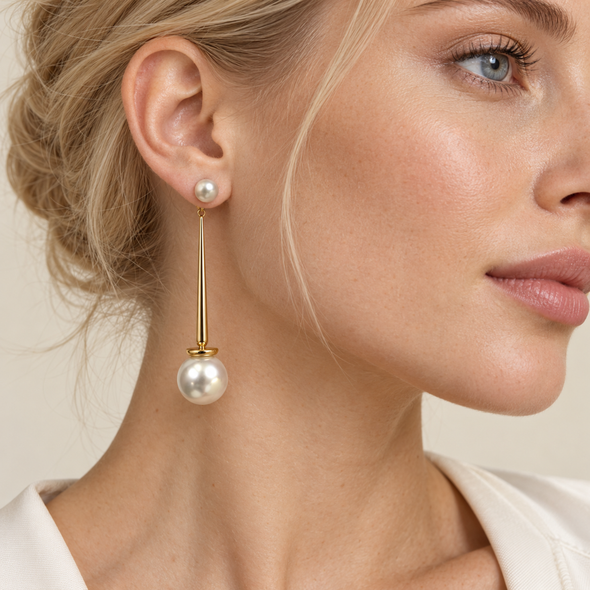 Belgravia Pearl – Long Pearl-Effect Drop Earrings in Gold Tone
