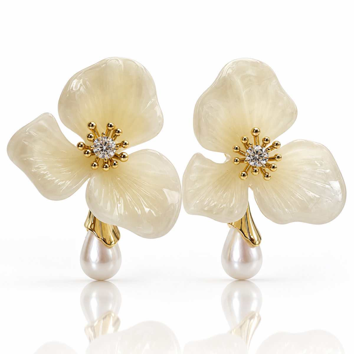 Ivory Blossom – Cream Flower, Diamanté & Imitation Pearl Drop Earrings