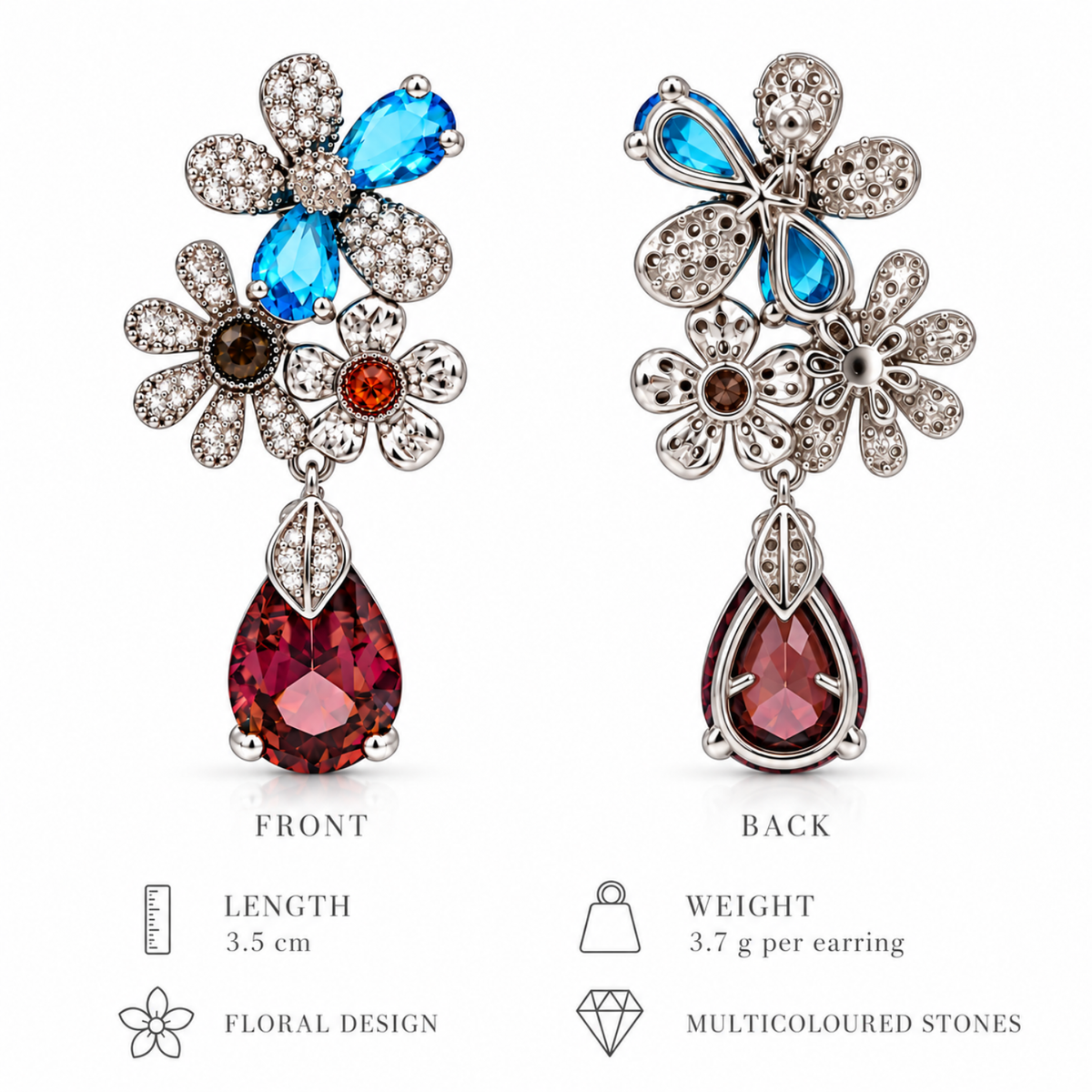 Kensington Bloom – Multicoloured Floral Drop Earrings in Silver Tone