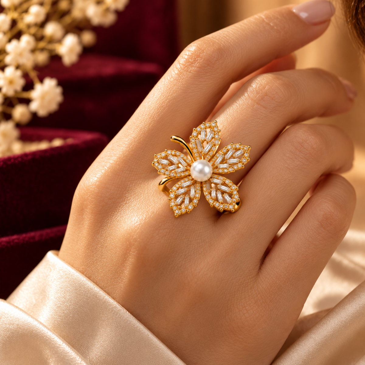 Maple Glow – Pearl-Accent Maple Leaf Ring, 18K Gold-Plated