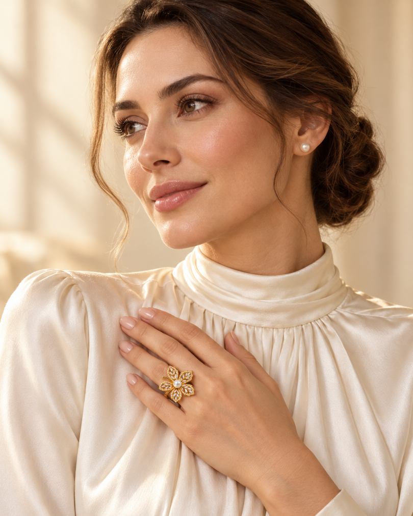 Maple Glow – Pearl-Accent Maple Leaf Ring, 18K Gold-Plated