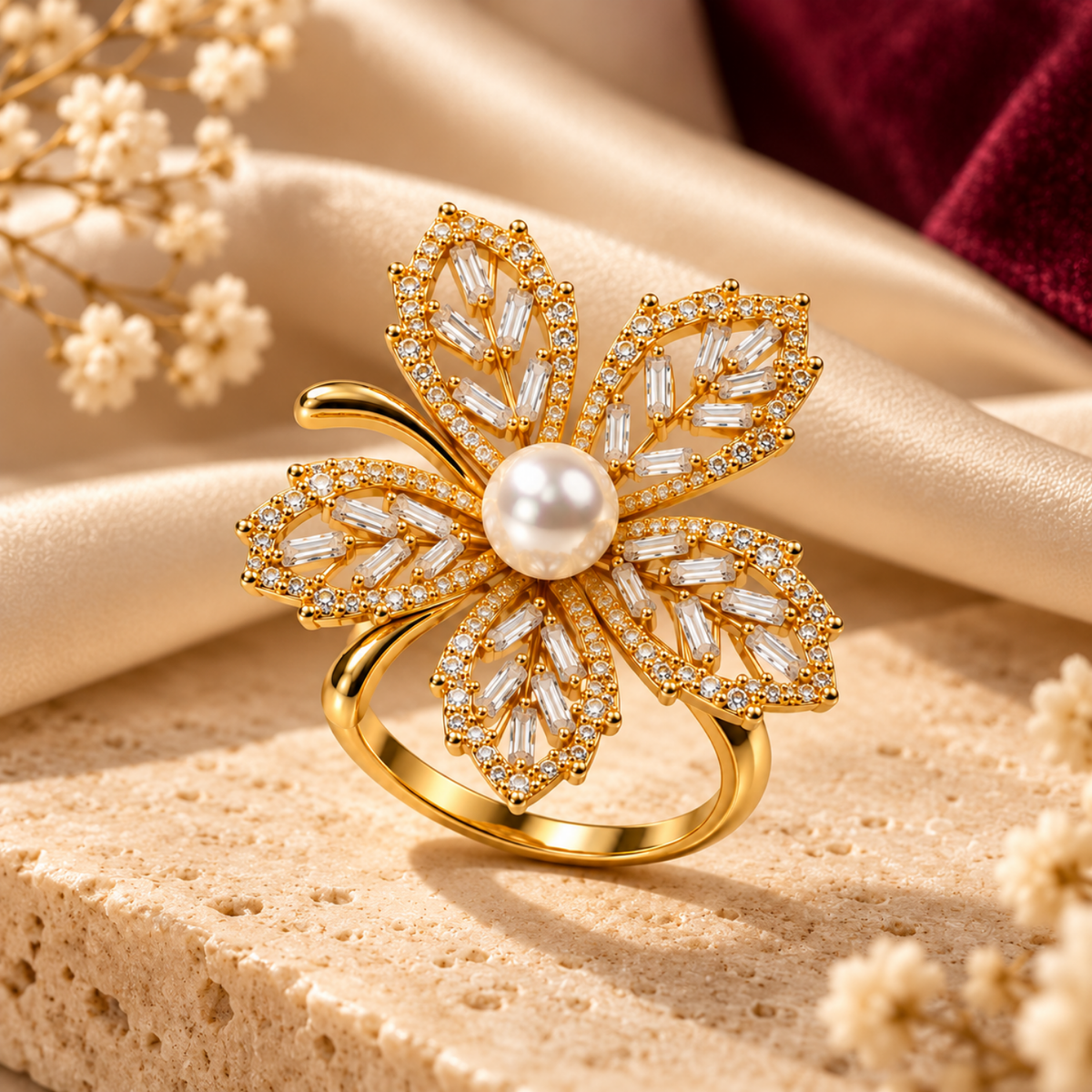 Maple Glow – Pearl-Accent Maple Leaf Ring, 18K Gold-Plated
