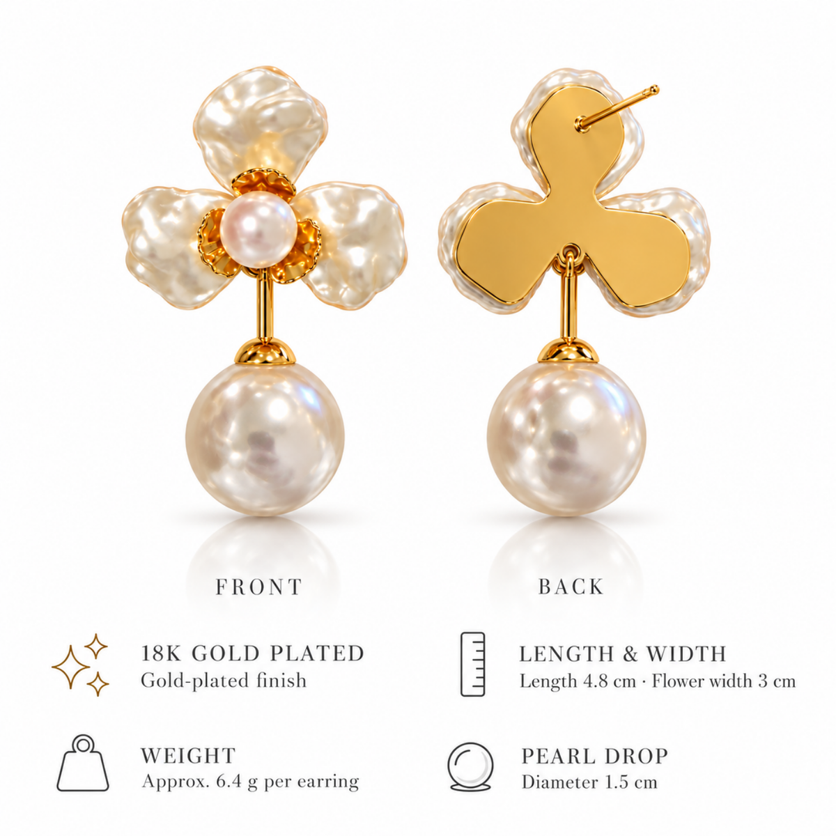 Pearl Blossom – Pearl Flower Drop Earrings, 18K Gold-Plated
