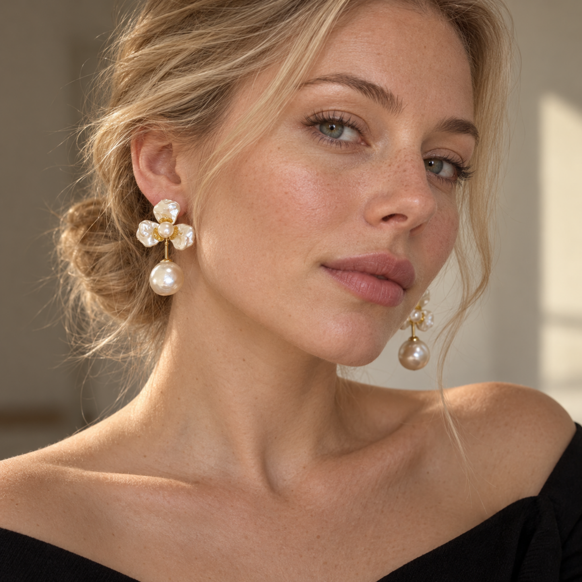 Pearl Blossom – Pearl Flower Drop Earrings, 18K Gold-Plated