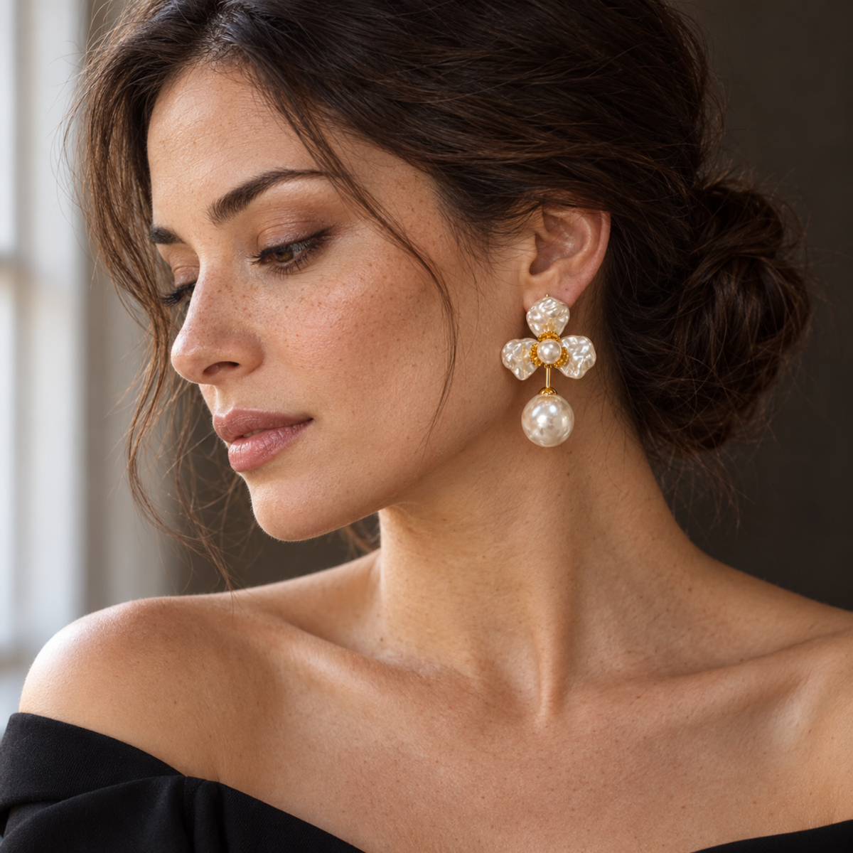 Pearl Blossom – Pearl Flower Drop Earrings, 18K Gold-Plated