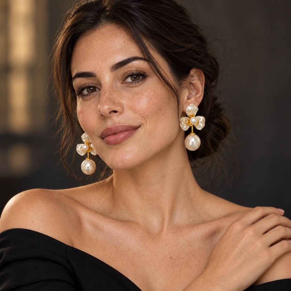 Pearl Blossom – Pearl Flower Drop Earrings, 18K Gold-Plated