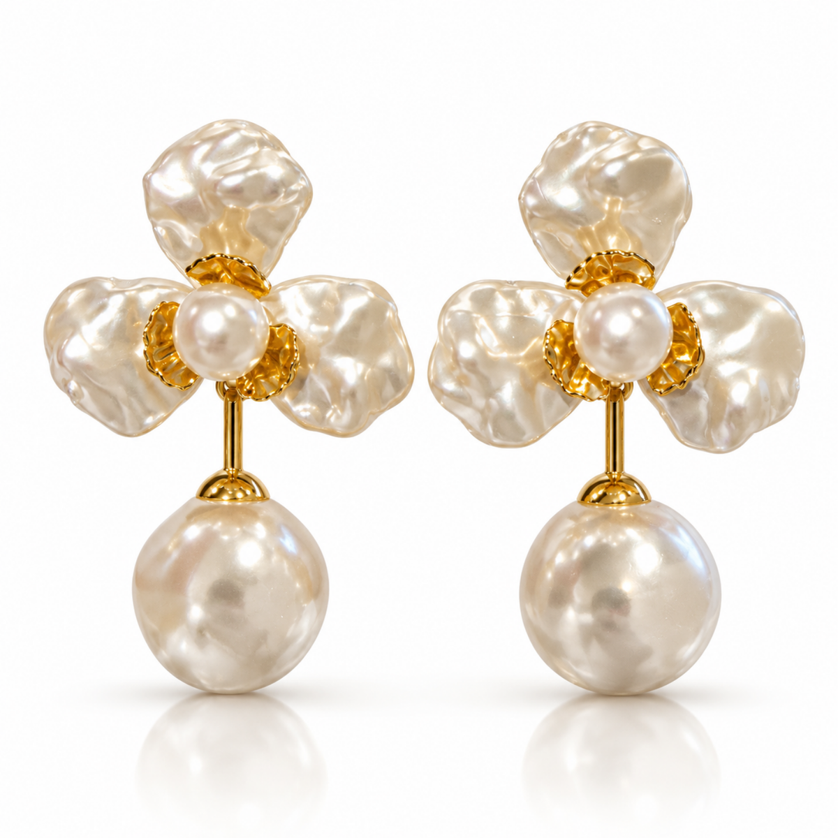 Pearl Blossom – Pearl Flower Drop Earrings, 18K Gold-Plated