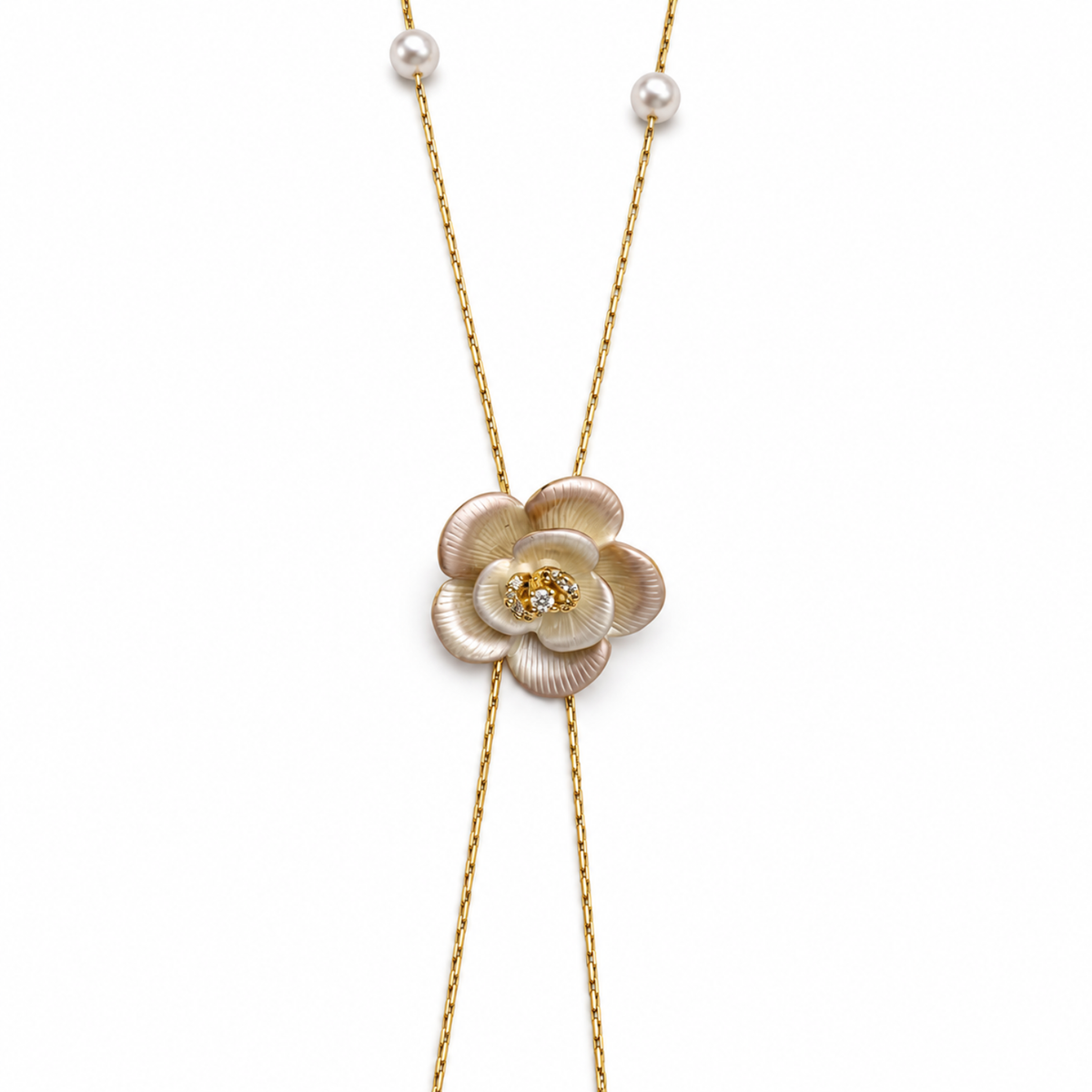 Pearl Blossom – 18K Gold-Plated Adjustable Pearl-Effect Flower Lariat Necklace