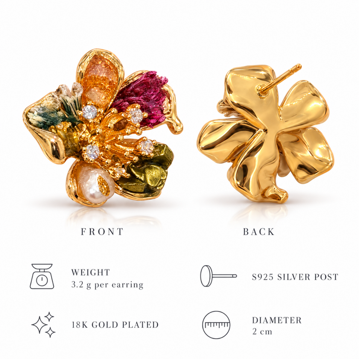 Botanical Bloom – Multicolour Floral Stud Earrings, 18 Carat Gold Plated
