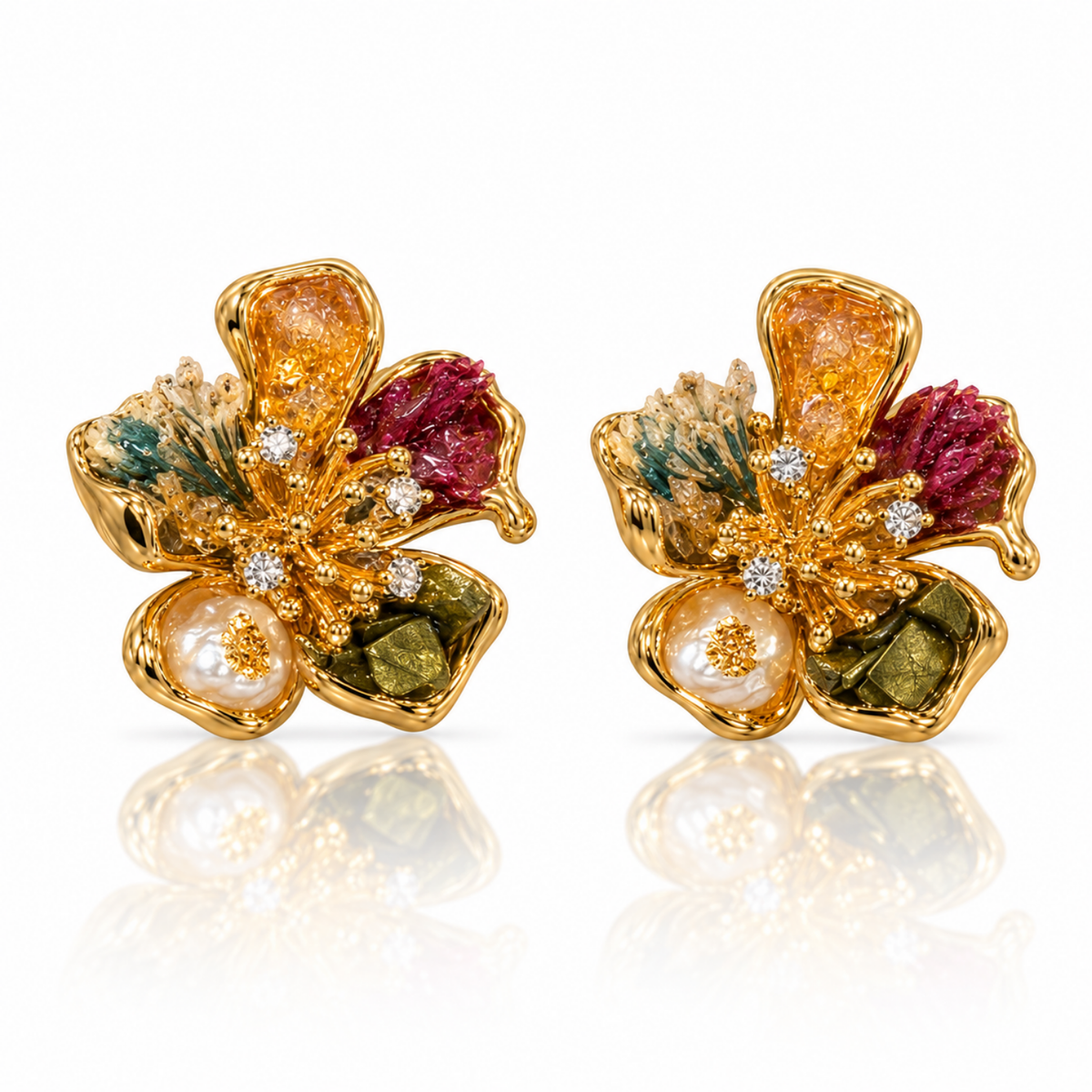 Botanical Bloom – Multicolour Floral Stud Earrings, 18 Carat Gold Plated