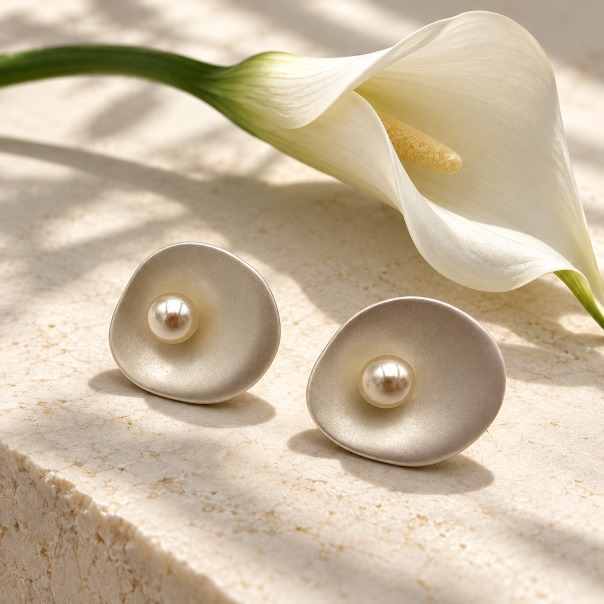 Calla Pearl – Sculptural Pearl-Effect Stud Earrings with S925 Silver Posts