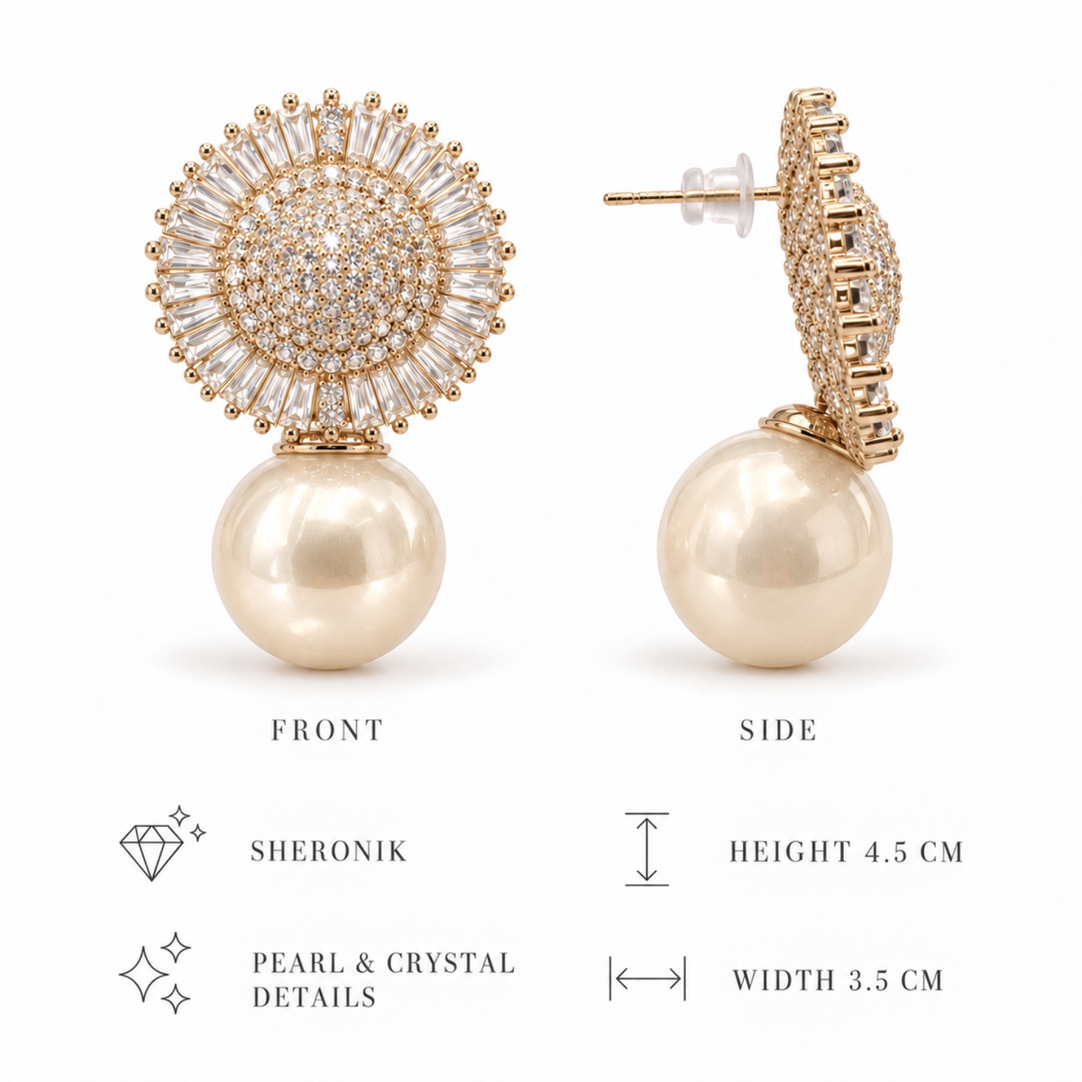 Champagne Halo – Gold-Tone Crystal Halo & Pearl-Effect Drop Earrings