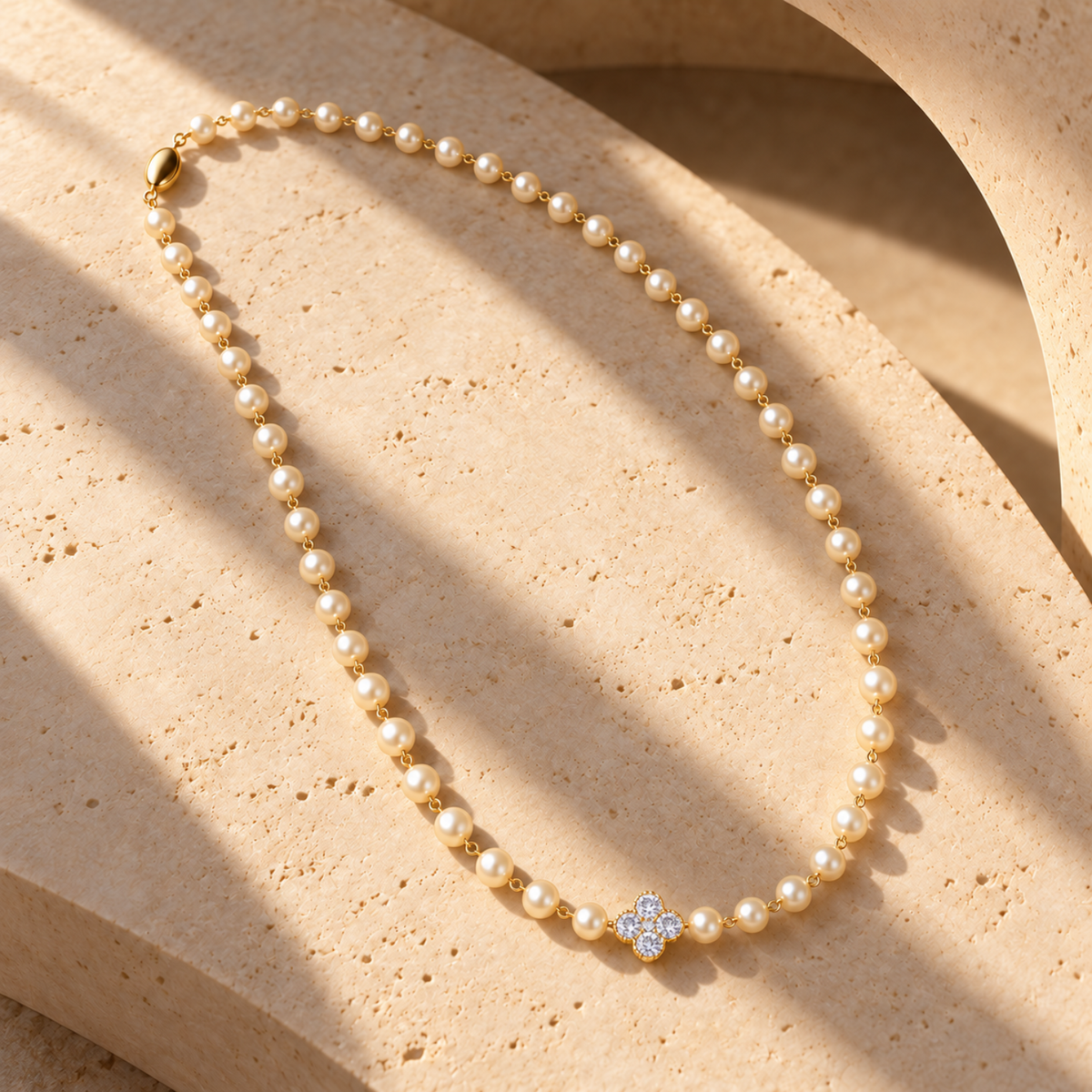 Pearl Clover – 18K Gold-Plated Long Pearl-Effect Necklace with Clover Detail