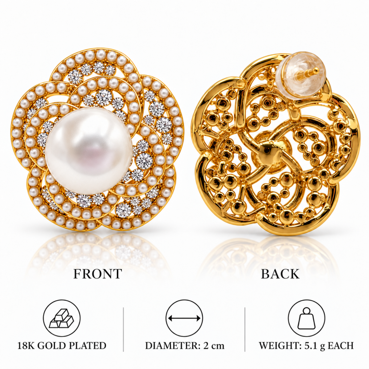 Pearl Bloom – Floral Pearl-Effect Stud Earrings, 18-Carat Gold-Plated