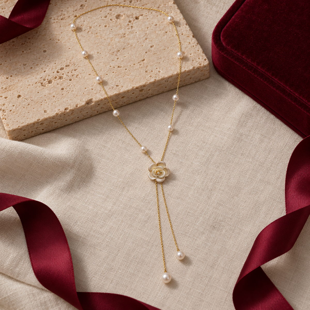 Pearl Blossom – 18K Gold-Plated Adjustable Pearl-Effect Flower Lariat Necklace