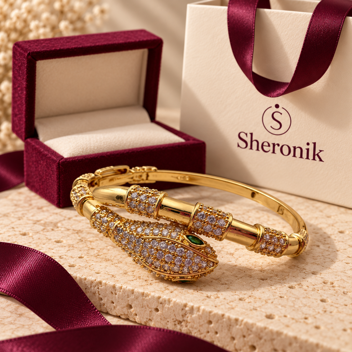 Golden Serpent – 18K Gold-Plated Pavé Snake Bangle Bracelet