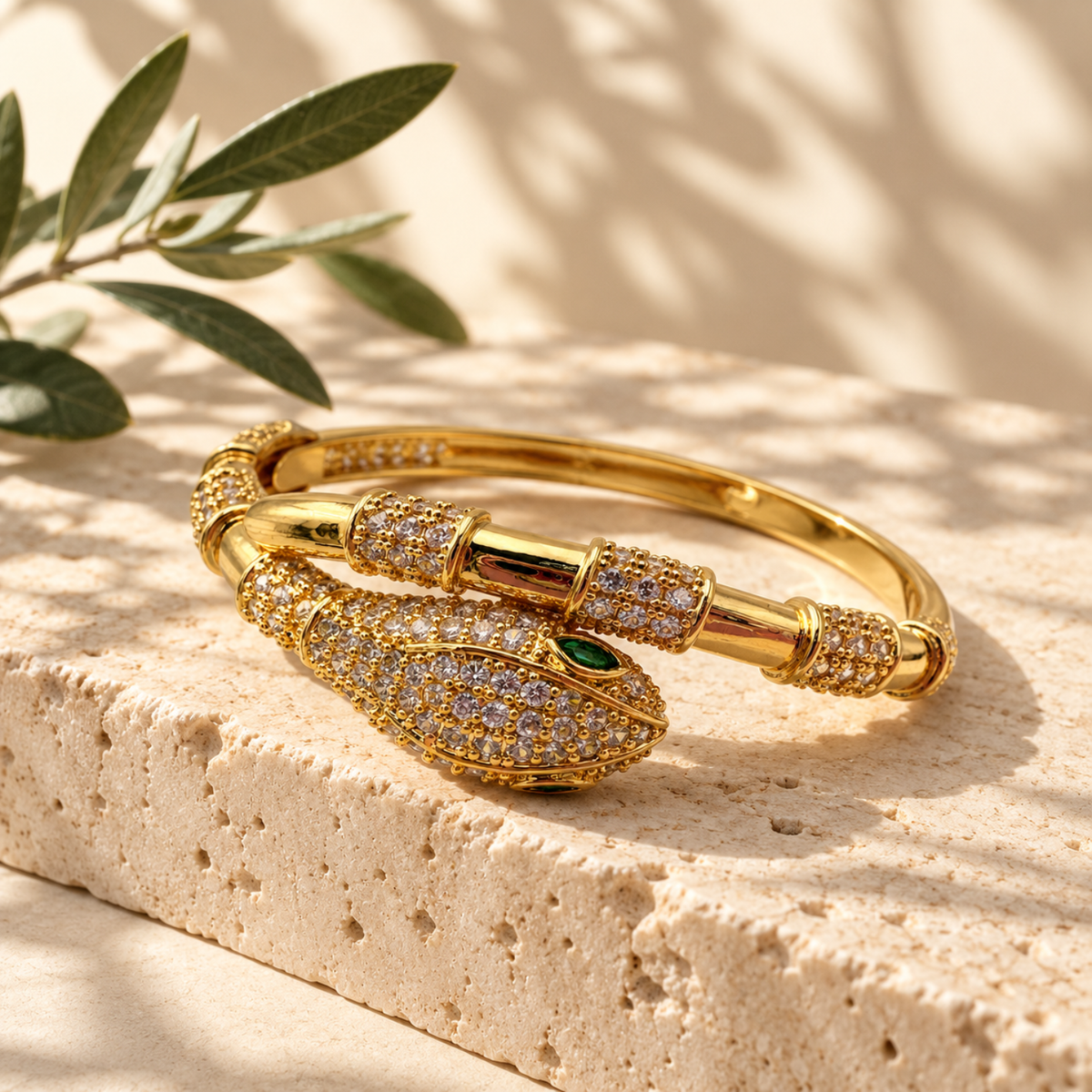 Golden Serpent – 18K Gold-Plated Pavé Snake Bangle Bracelet