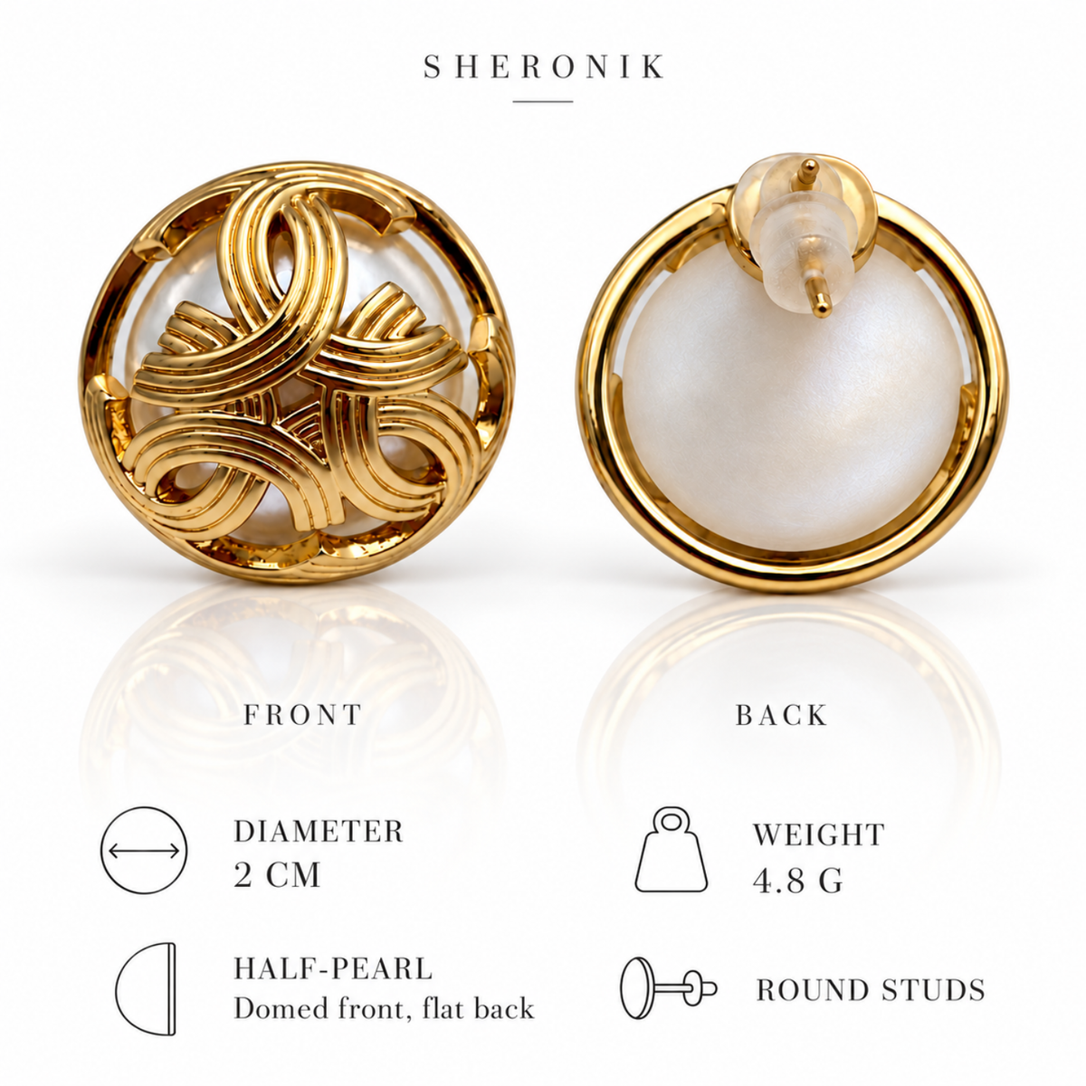 Golden Ribbon – 18-Carat Gold-Plated Intertwined Ribbon & Pearl-Effect Round Stud Earrings