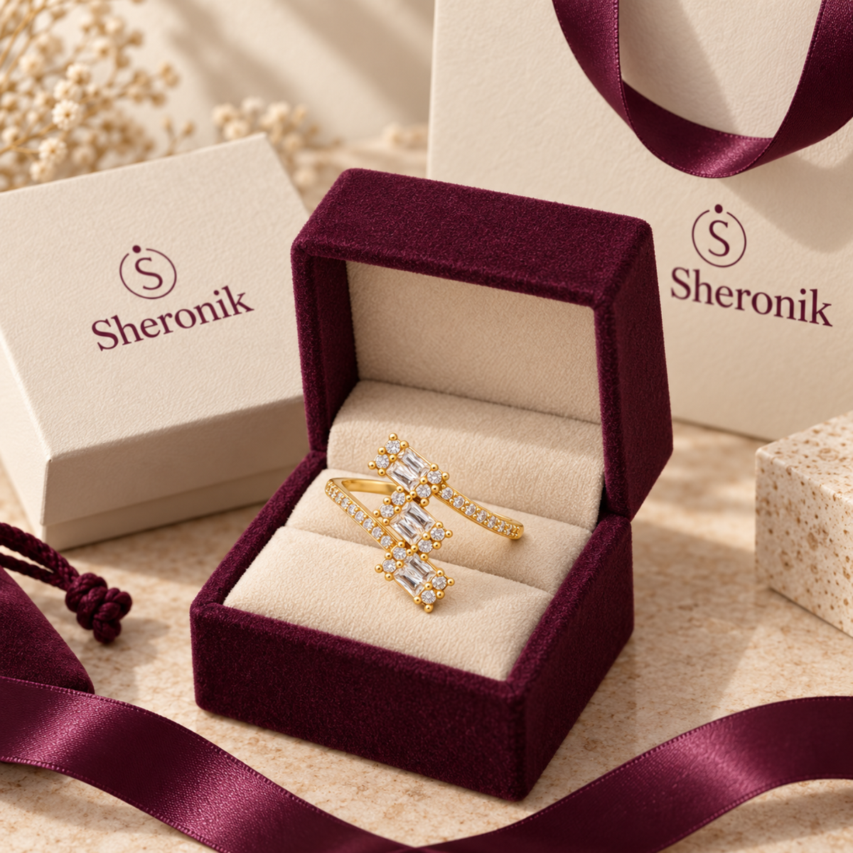 Golden Trio – Gold-Tone Three-Stone Open Bypass Ring
