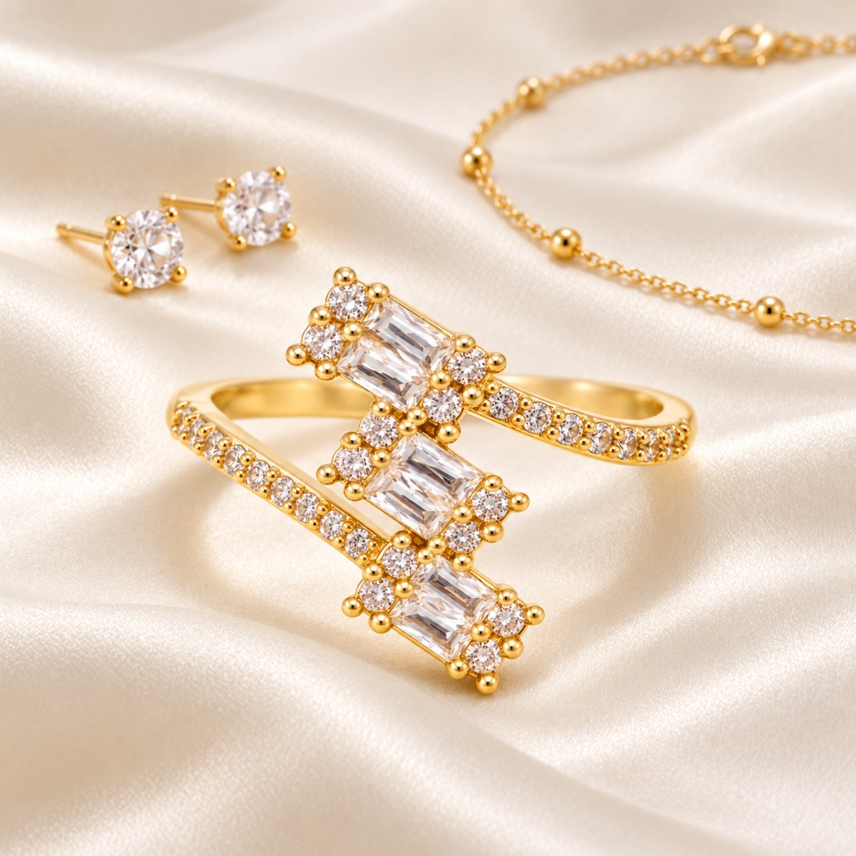 Golden Trio – Gold-Tone Three-Stone Open Bypass Ring