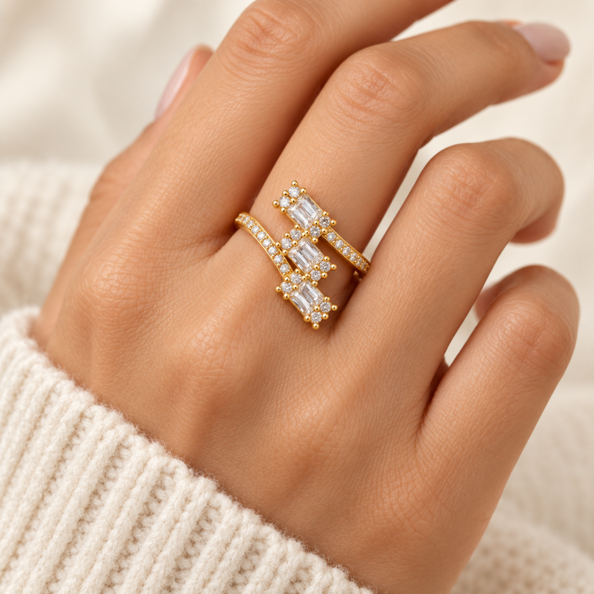 Golden Trio – Gold-Tone Three-Stone Open Bypass Ring