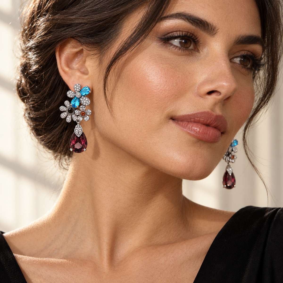 Kensington Bloom – Multicoloured Floral Drop Earrings in Silver Tone