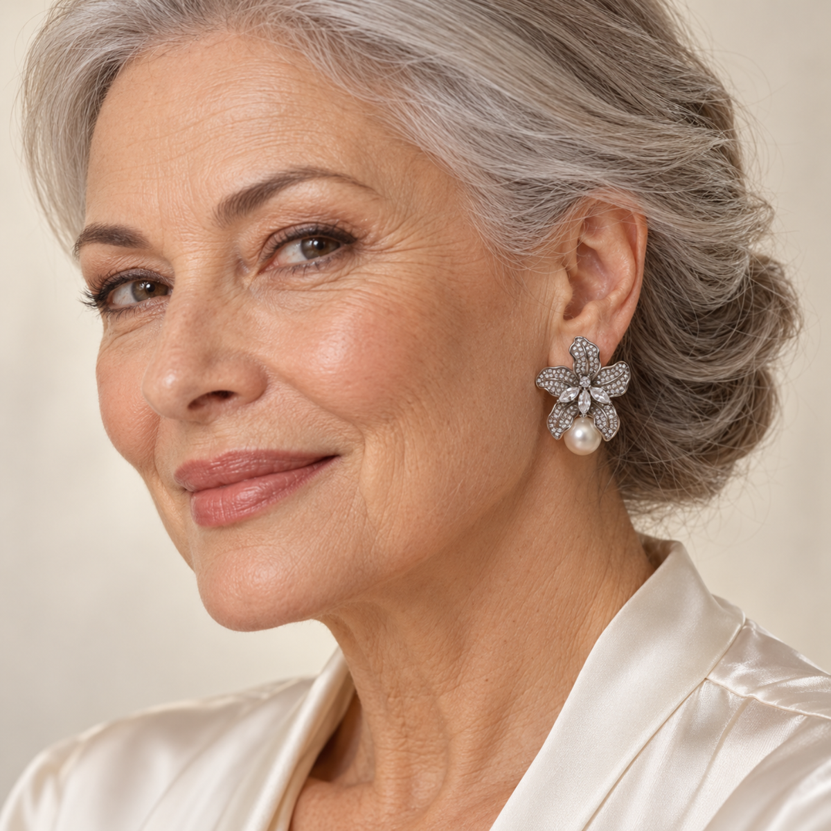 Mayfair Blossom – Silver-Tone Floral Pearl-Effect Earrings