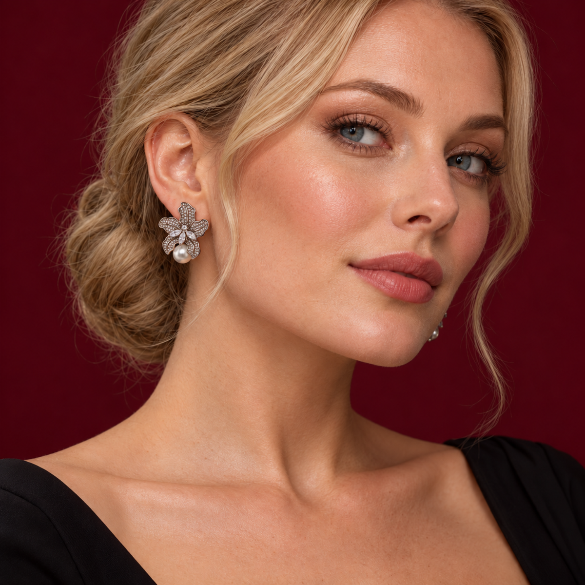 Mayfair Blossom – Silver-Tone Floral Pearl-Effect Earrings