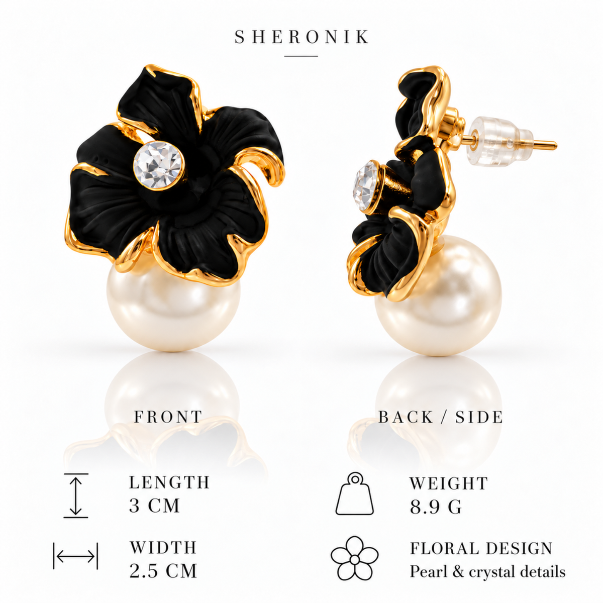Noir Orchid – 18-Carat Gold-Plated Black Orchid-Inspired Crystal & Pearl-Effect Drop Earrings