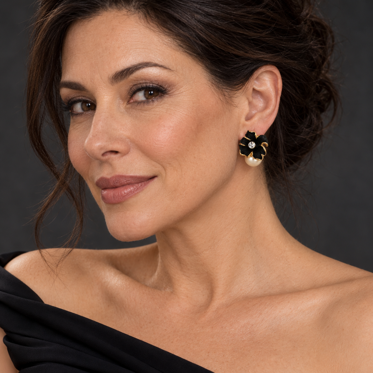 Noir Orchid – 18-Carat Gold-Plated Black Orchid-Inspired Crystal & Pearl-Effect Drop Earrings