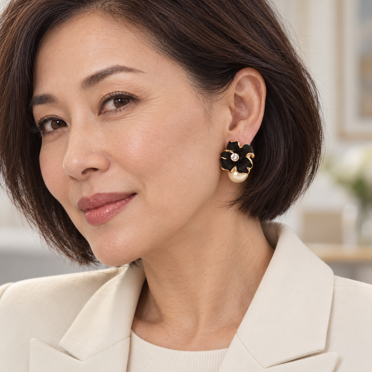 Noir Orchid – 18-Carat Gold-Plated Black Orchid-Inspired Crystal & Pearl-Effect Drop Earrings