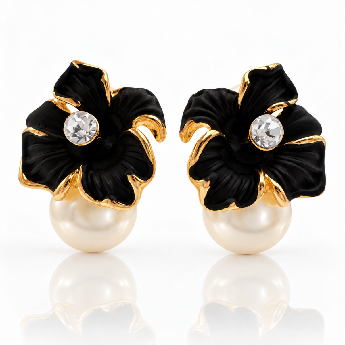Noir Orchid – 18-Carat Gold-Plated Black Orchid-Inspired Crystal & Pearl-Effect Drop Earrings