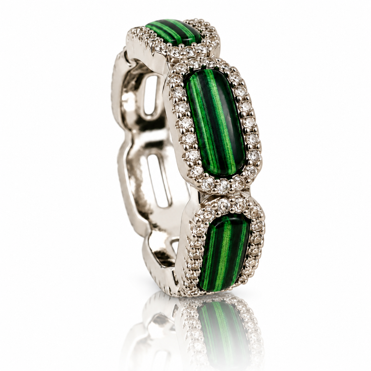 Verdant Halo – Silver-Tone Striped Green Stone Halo Band Ring