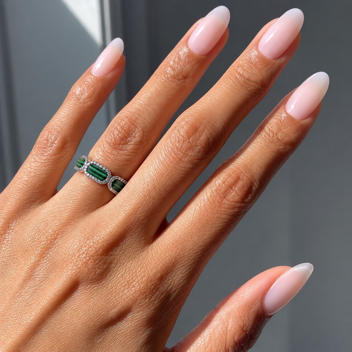 Verdant Halo – Silver-Tone Striped Green Stone Halo Band Ring