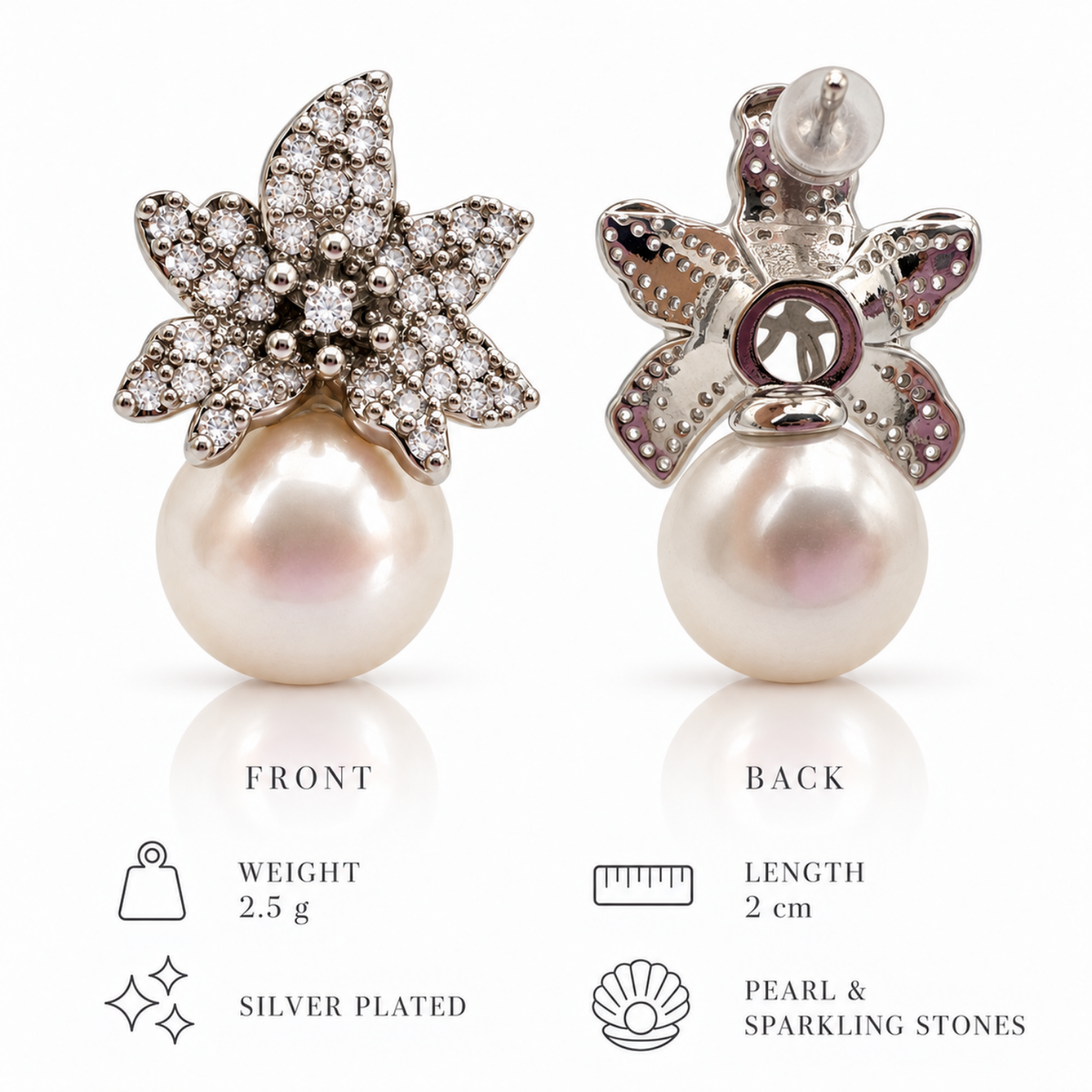 Starlit Bloom – Sparkling Star Pearl Earrings, Silver-Plated