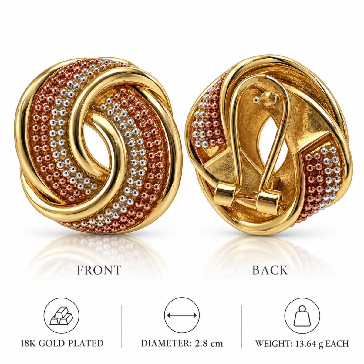Tri-Tone Oval Knot Earrings, 18-Carat Gold-Plated